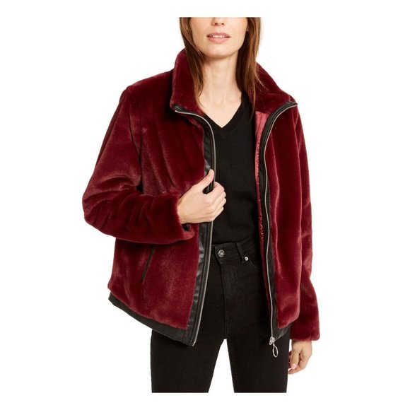 BAR III Faux Fur Zip up Jacket with Faux Leather Trim - Burgundy - NWT - Large - Picture 1 of 2